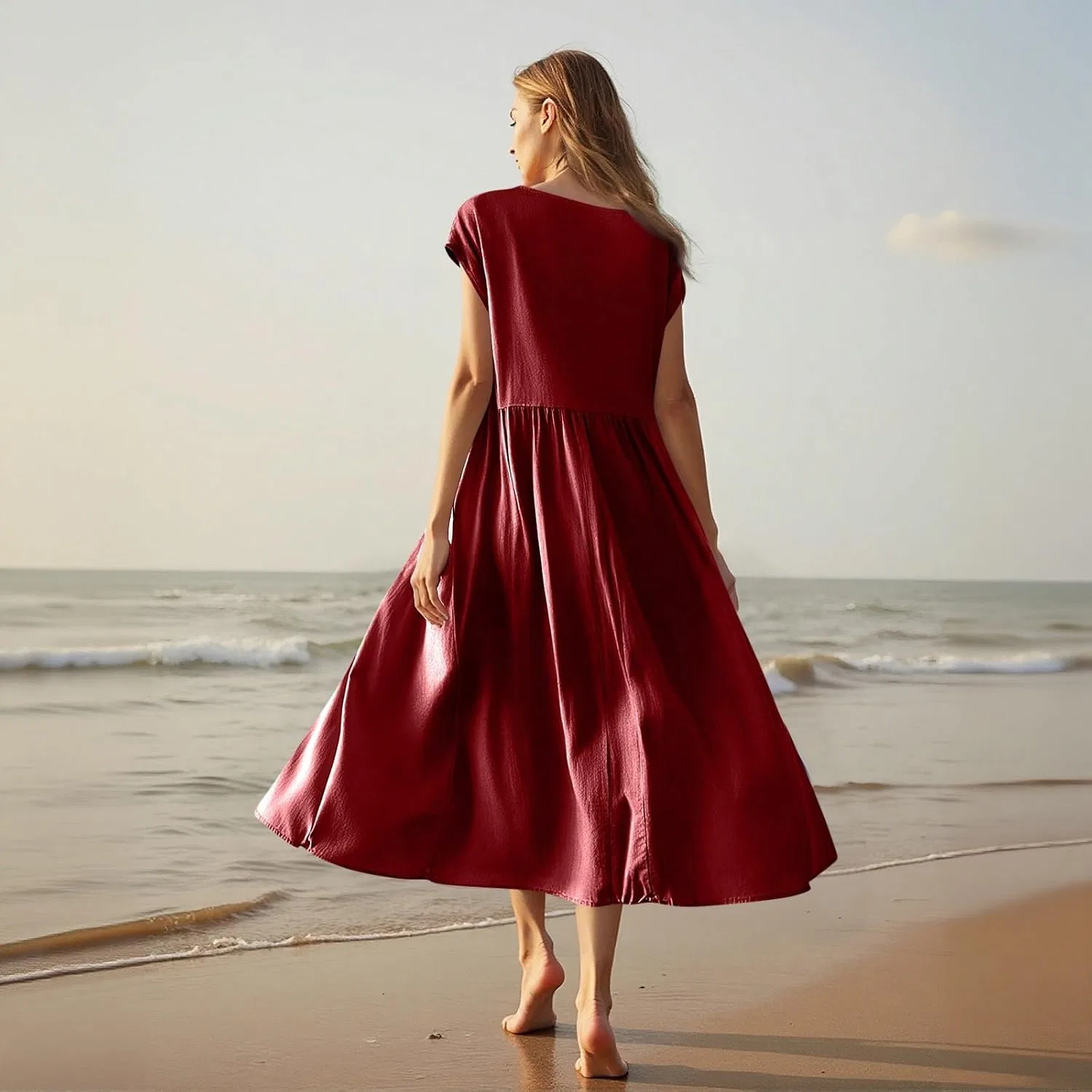 Женское летнее платье миди свободного кроя Linen, Red — фото 3
