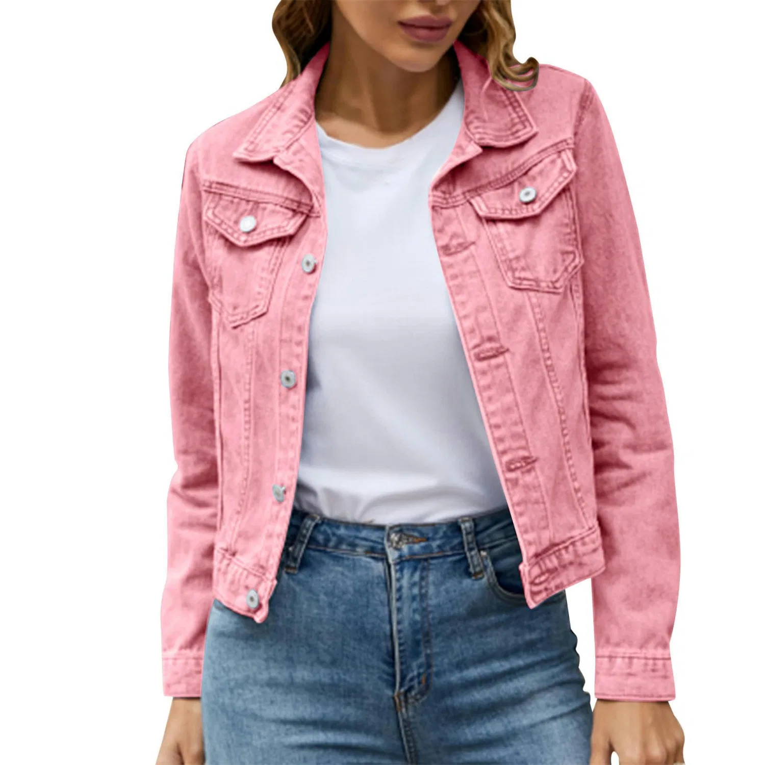 Женская джинсовая куртка с широким отворотом, модель Giacca Corta in Denim alla Moda con Risvolto Ampio Casual da Donna Giacca in Denim-Rosso-XXL, Rosso — фото 4