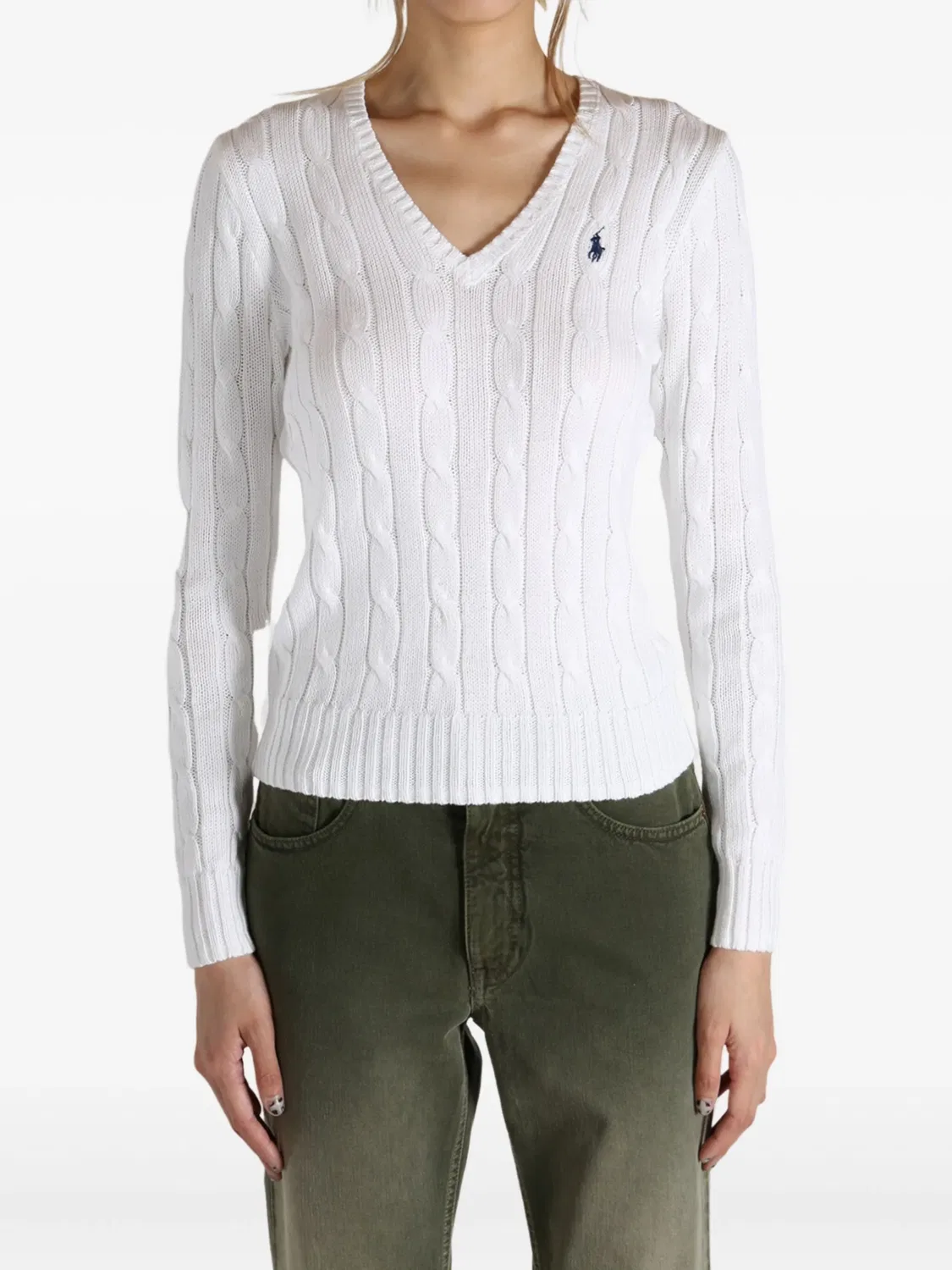 Свитер с V-образным вырезом из ажурной вязки Polo Ralph Lauren, белый — фото 4