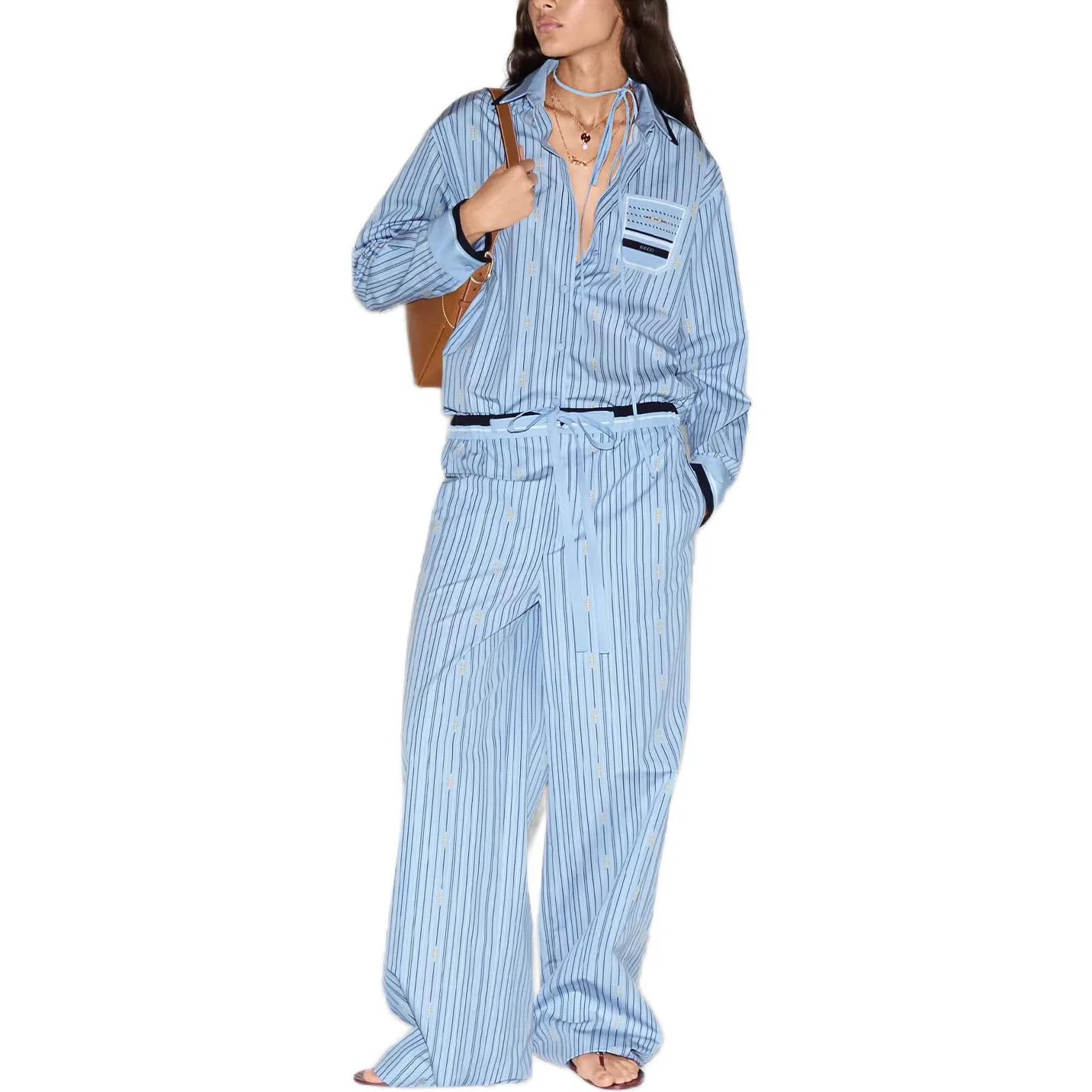 Женские хлопковые брюки с принтом GUCCI, Light Blue — фото 3