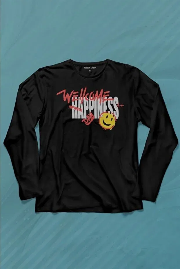 Детская футболка с длинным рукавом с принтом Good Vibe Happines Happy Smile Fun Kendim Seçtim, Black