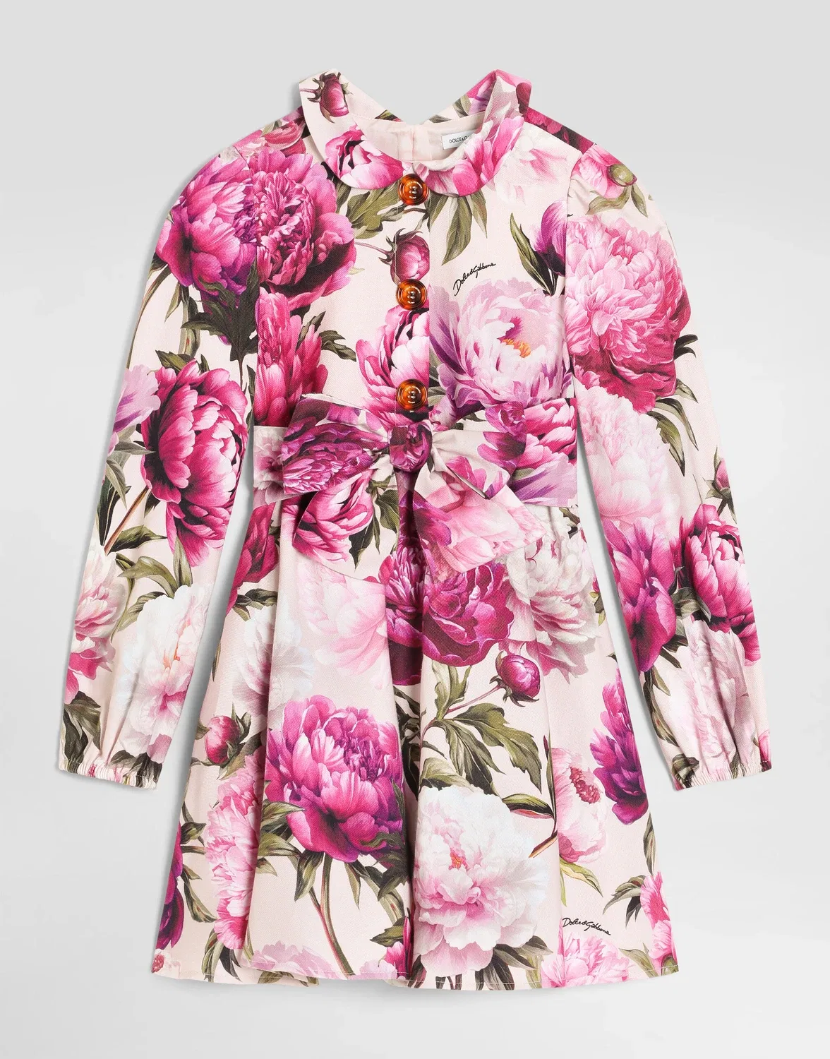 Платье из хлопковой фланели с пионами, миди, Dolce&Gabbana, бежевый