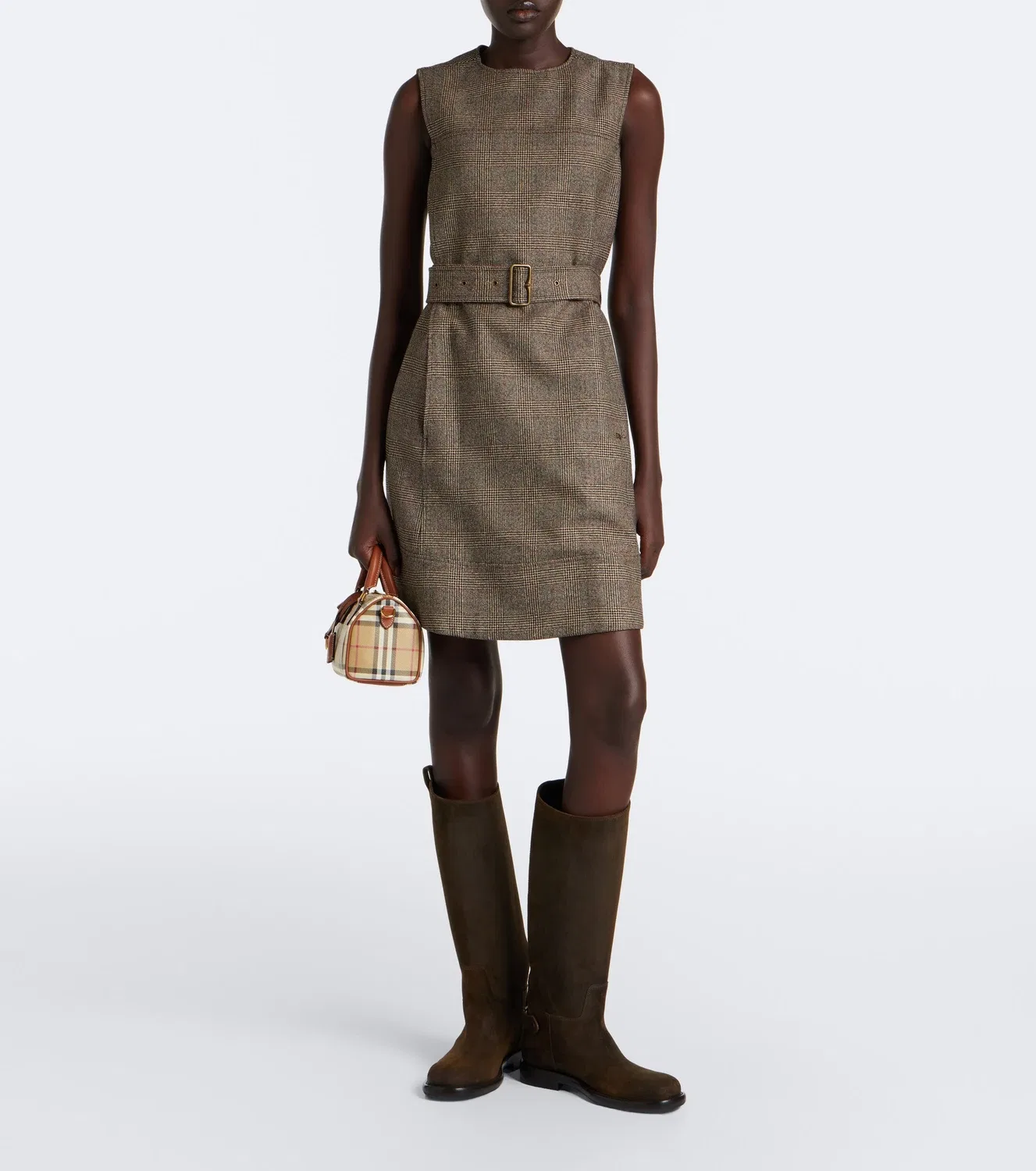 Мини-платье в клетку с поясом Burberry, бежевый — фото 2