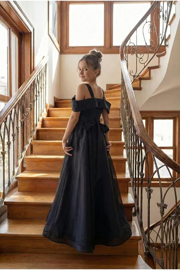 Детское платье для девочек с открытыми плечами шифоновое Butikhappykids, Black — фото 4