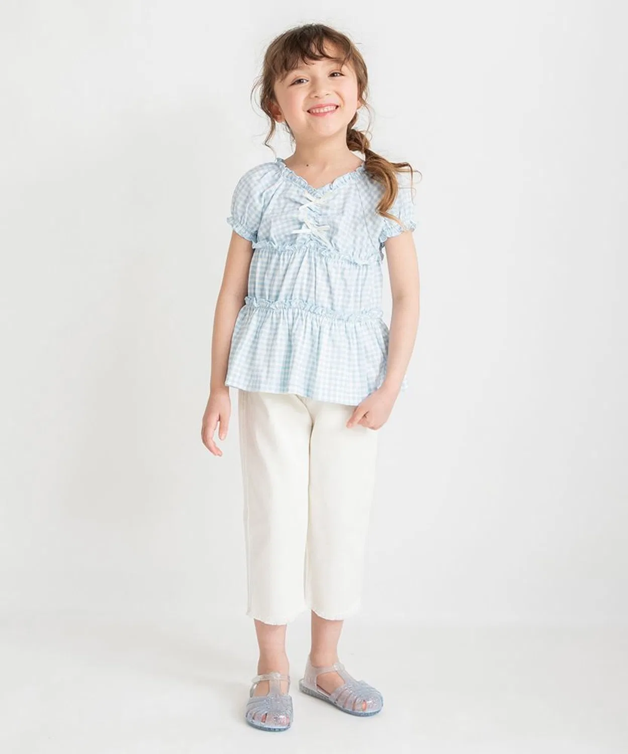 Детская футболка с принтом в клетку, модель Gingham Blouse, branshes, Sax Blue — фото 3