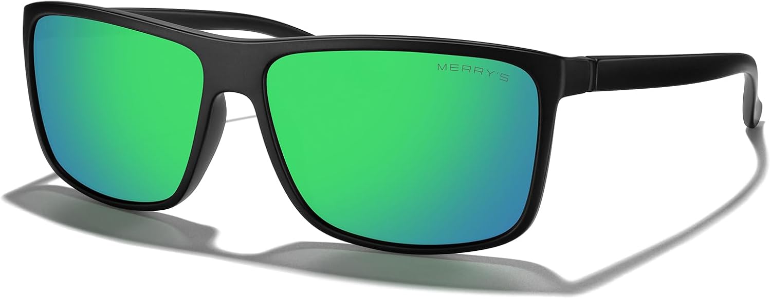 

Прямоугольные поляризованные спортивные солнцезащитные очки MERRY'S для мужчин и женщин, для езды на велосипеде, вождения, рыбалки, с защитой UV400, модель S8225, Matte Black Frame/Black Metal/Green Mirror Lens
