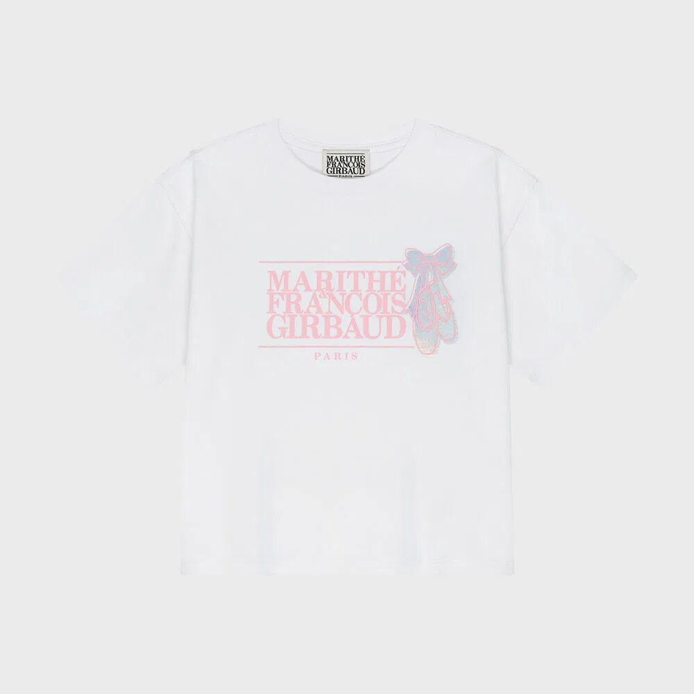 Детская укороченная футболка с классическим логотипом Marithé Kids, белая — фото 2