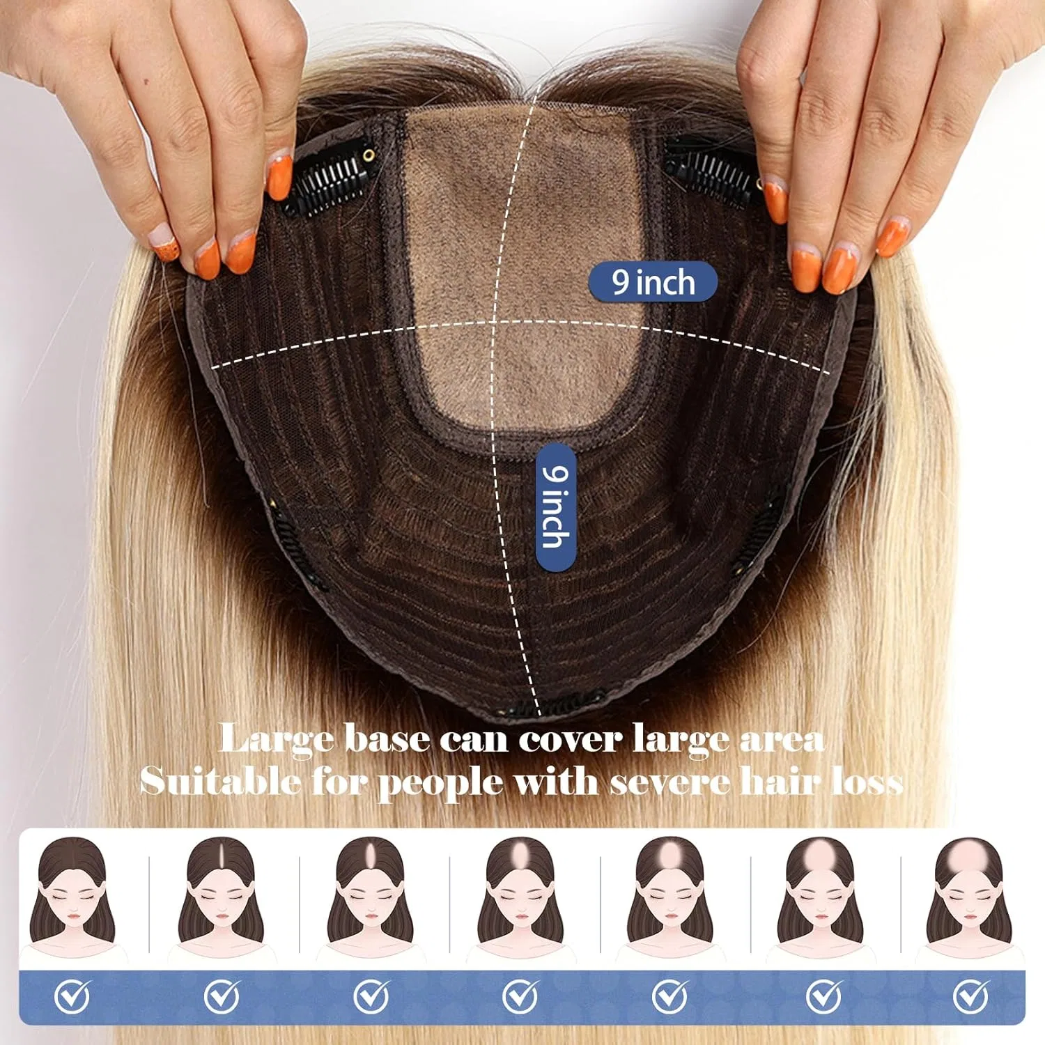 Накладка для волос HAIRCUBE из натуральных волос 40.6 см с большой основой 7x8 дюймов Haircube, Ombre Light Blonde — фото 3