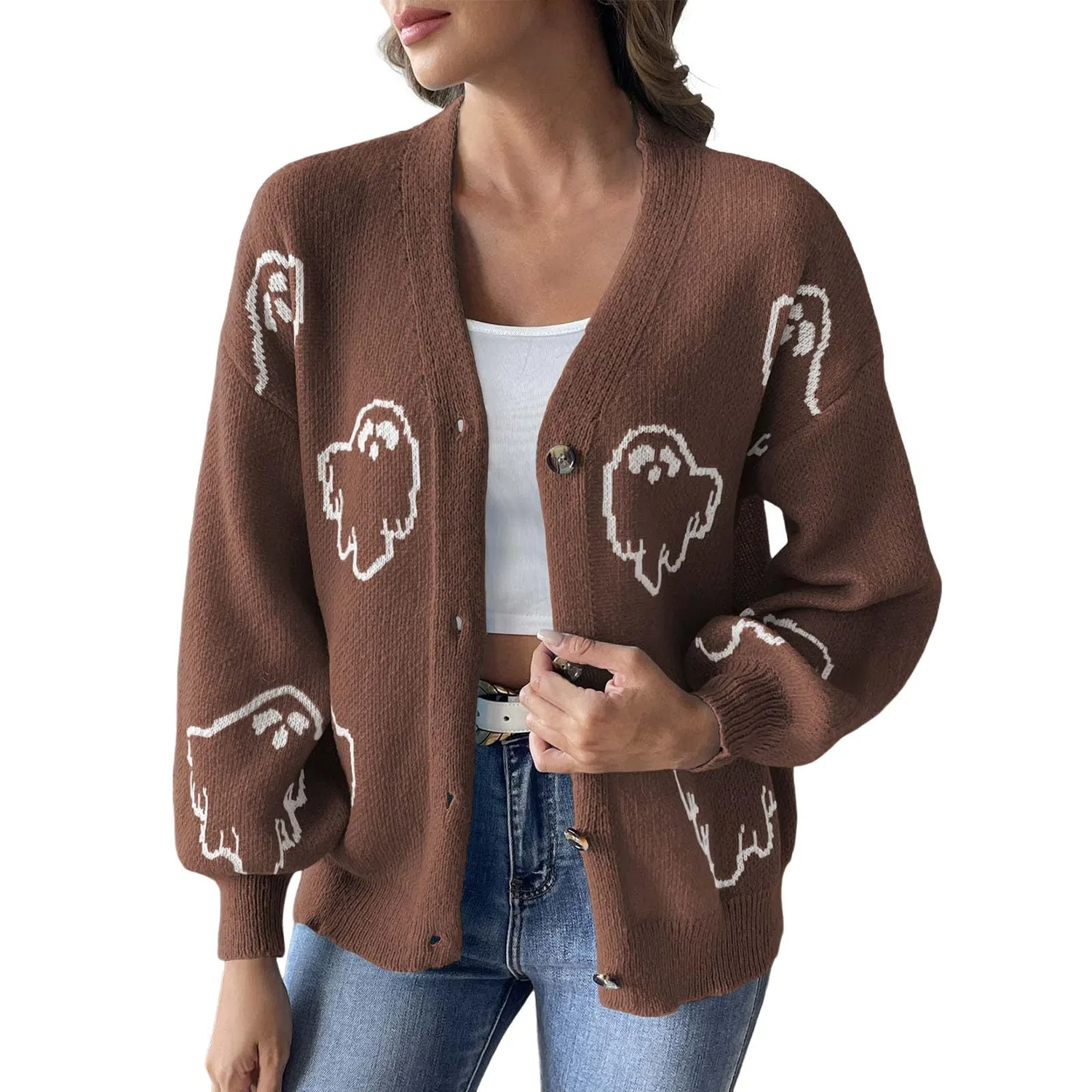 Женское пальто с принтом Cardigan con Bottoni a Tema Halloween, Caffè
