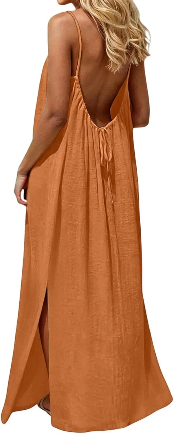 Женское макси-платье с открытой спиной на бретелях, Orange