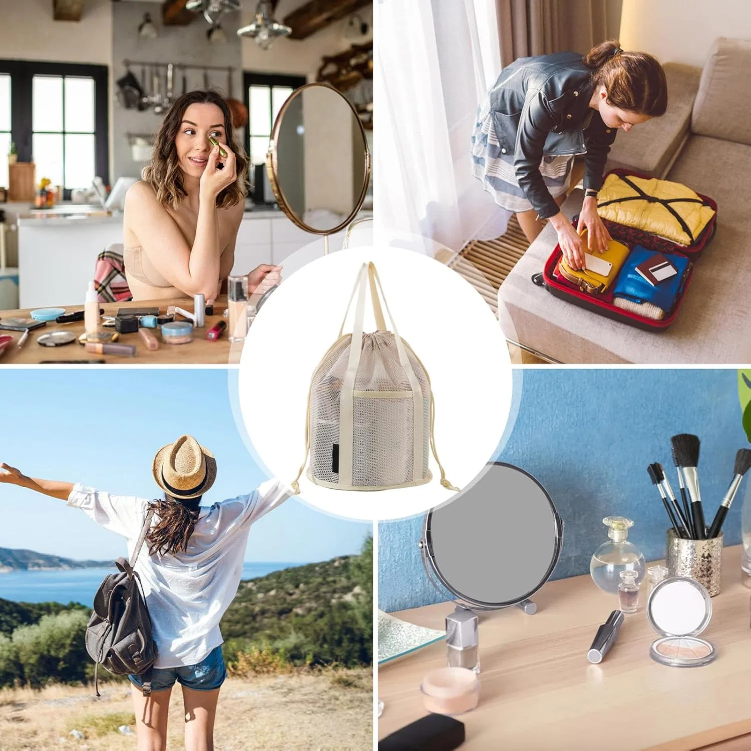 Сумка для душа сетчатая Dottduya, 30x22x1 см, кремовый — фото 4