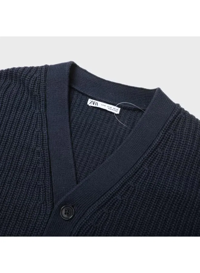Кардиган с длинным рукавом V-образным вырезом Zara, темно-синий — фото 4