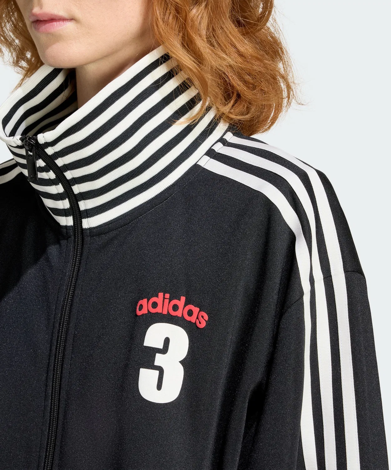 Женский джерси-топ с флисом и воротником-стойкой, модель Vintage BB TT Stripe Rib Adidas, Черный — фото 4