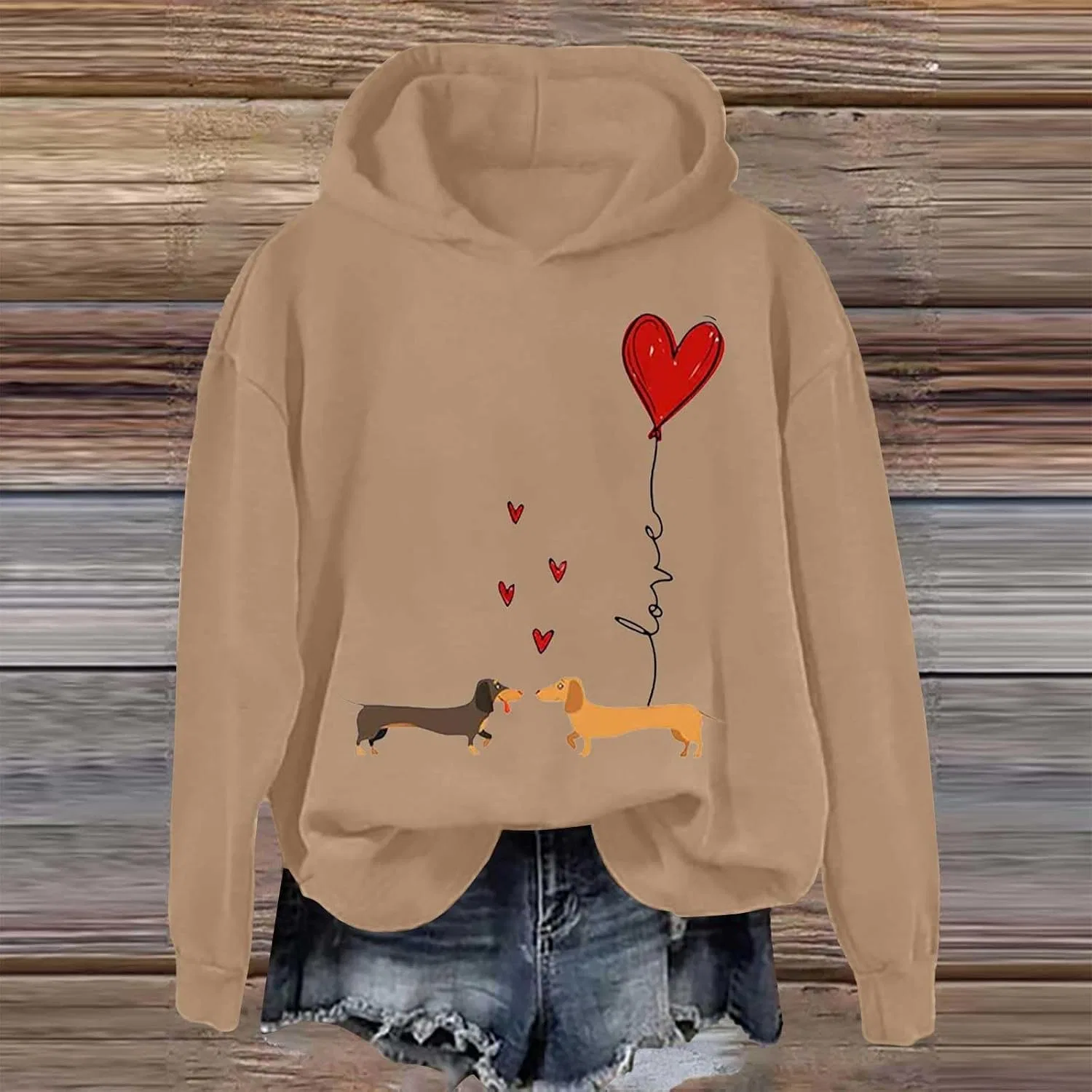 Женский свитшот с принтом, Dachshund Hoodie, хаки — фото 2