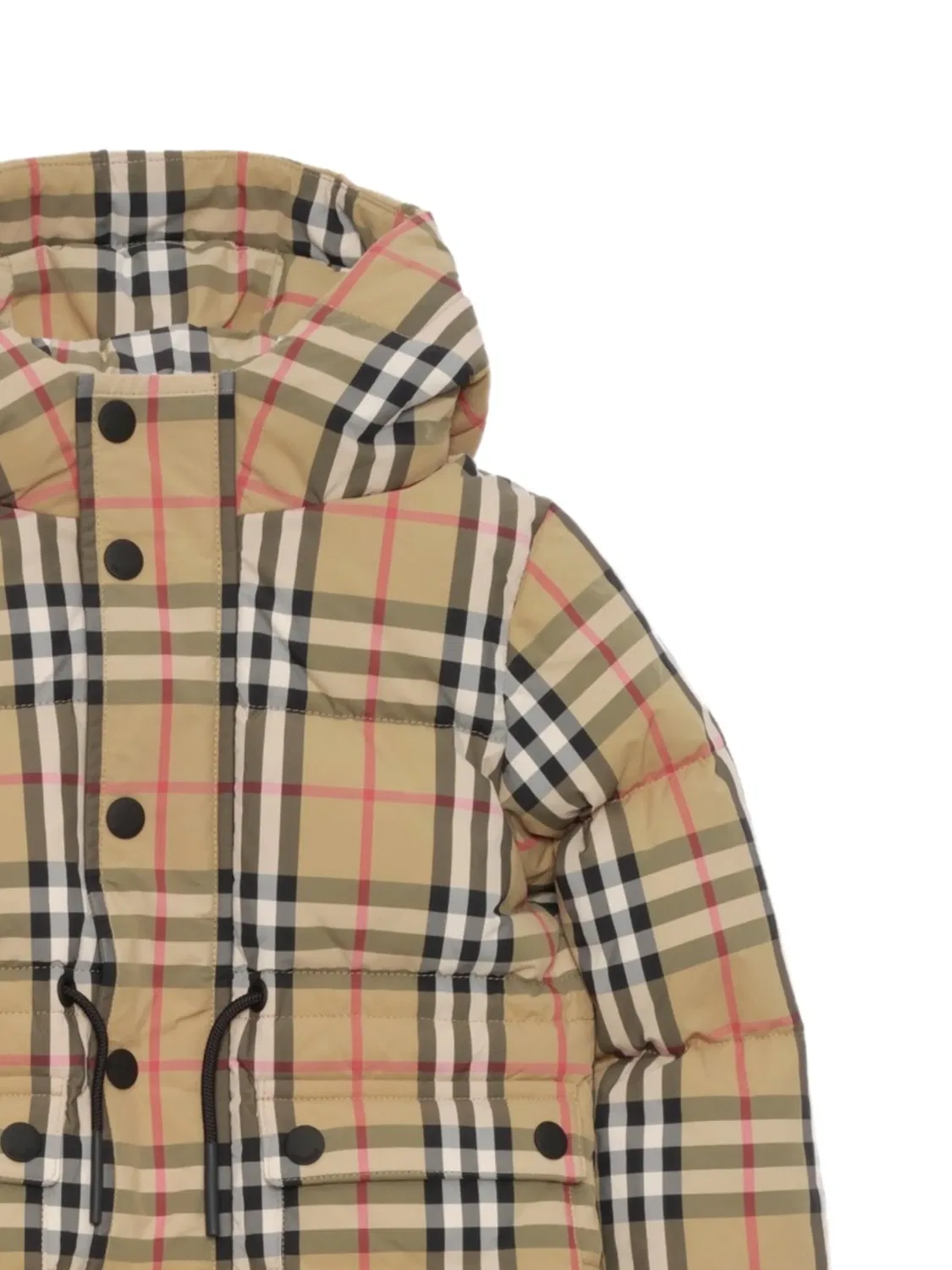 Клетчатый пуховик с капюшоном Burberry Kids, нейтральные цвета — фото 2