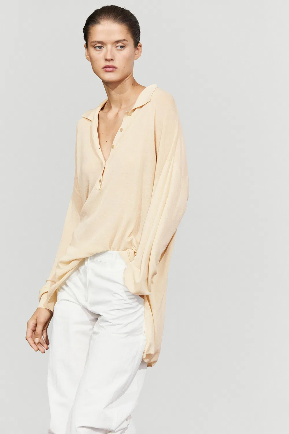 Поло-свитер Massimo Dutti, из смеси хлопка и шелка, слоновая кость — фото 3