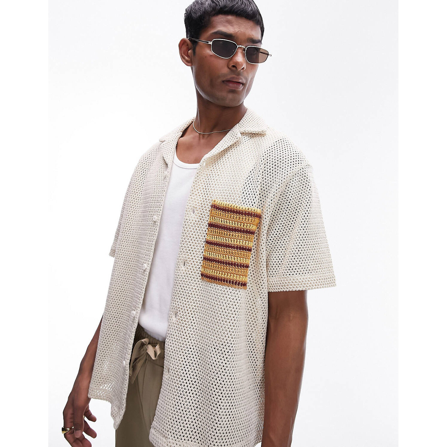 

Рубашка Topman Short Sleeve Crochet Pocket, серо-бежевый