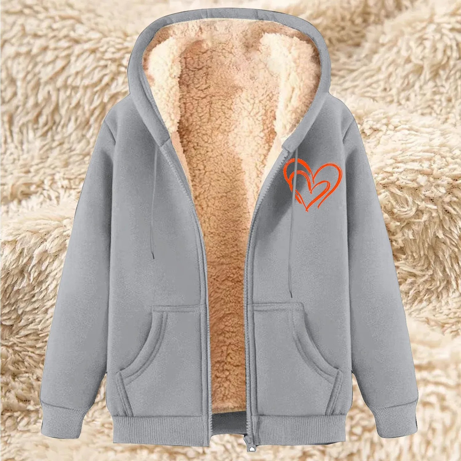 Женское зимнее пальто с капюшоном и принтом Love Print, 01 grigio — фото 2
