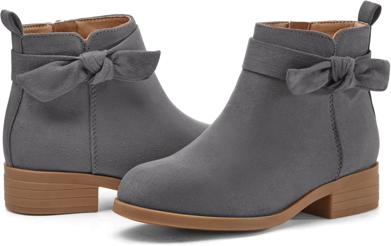 

Детские ботильоны Coutgo для девочек с бантиком на щиколотке, низкий массивный каблук, боковая молния, милые праздничные ботинки для малышей и старших детей, Grey
