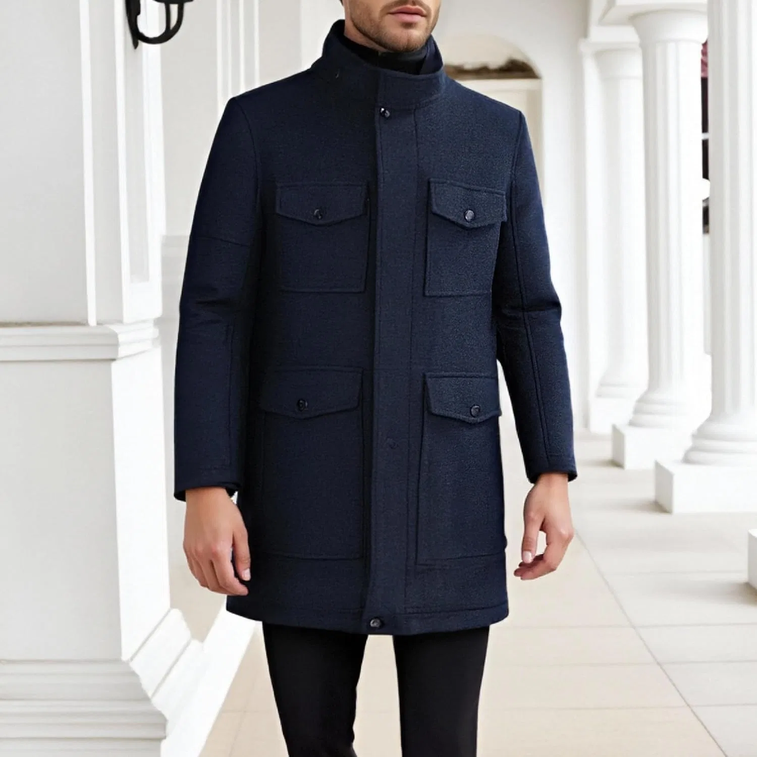 Мужское пальто-тренч с лацканами, slim fit, Peacoat, тёмно-синий — фото 2