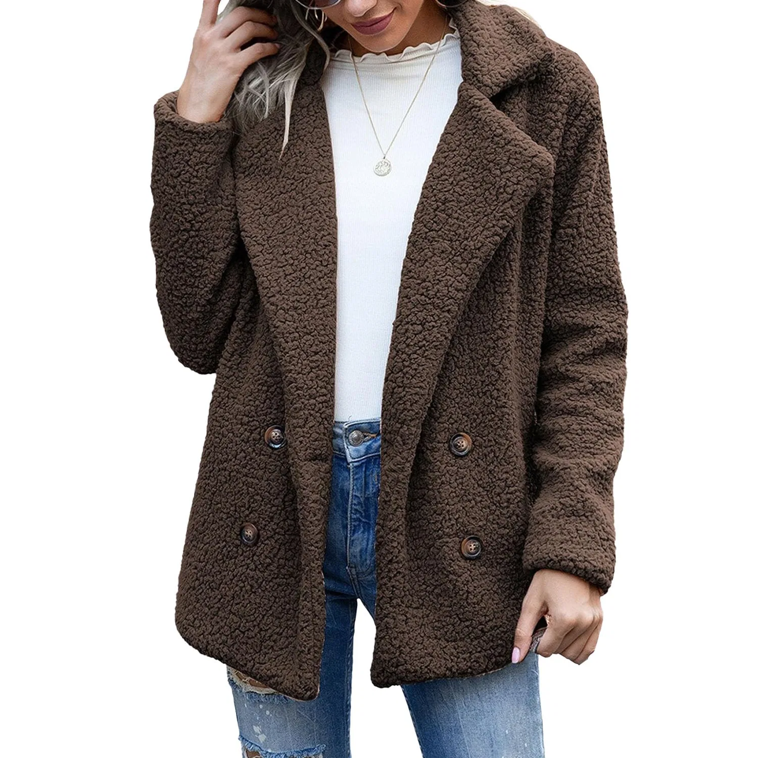 Женское длинное пальто из искусственного меха с принтом, модель Oversized Warm Jacket, Caffè — фото 2
