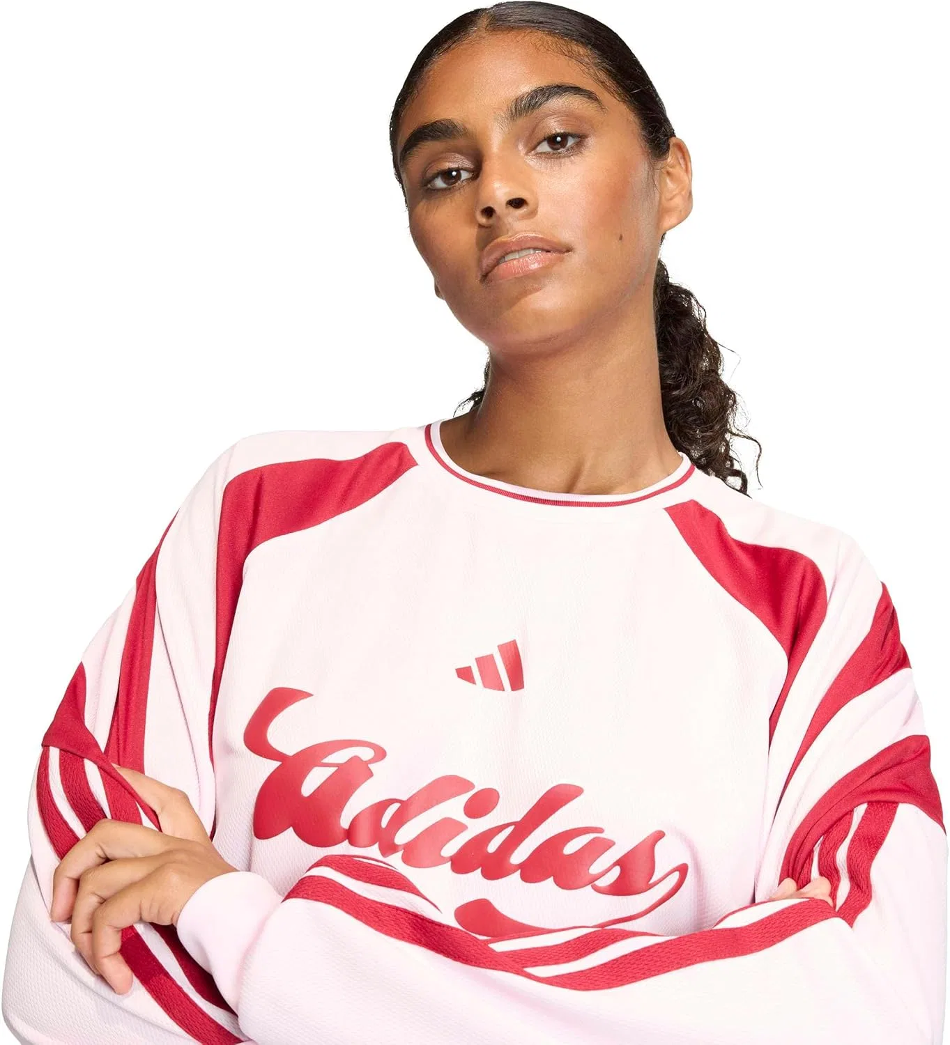 Женская футболка оверсайз с длинным рукавом House of Tiro adidas, Clear Pink/Maroon — фото 4