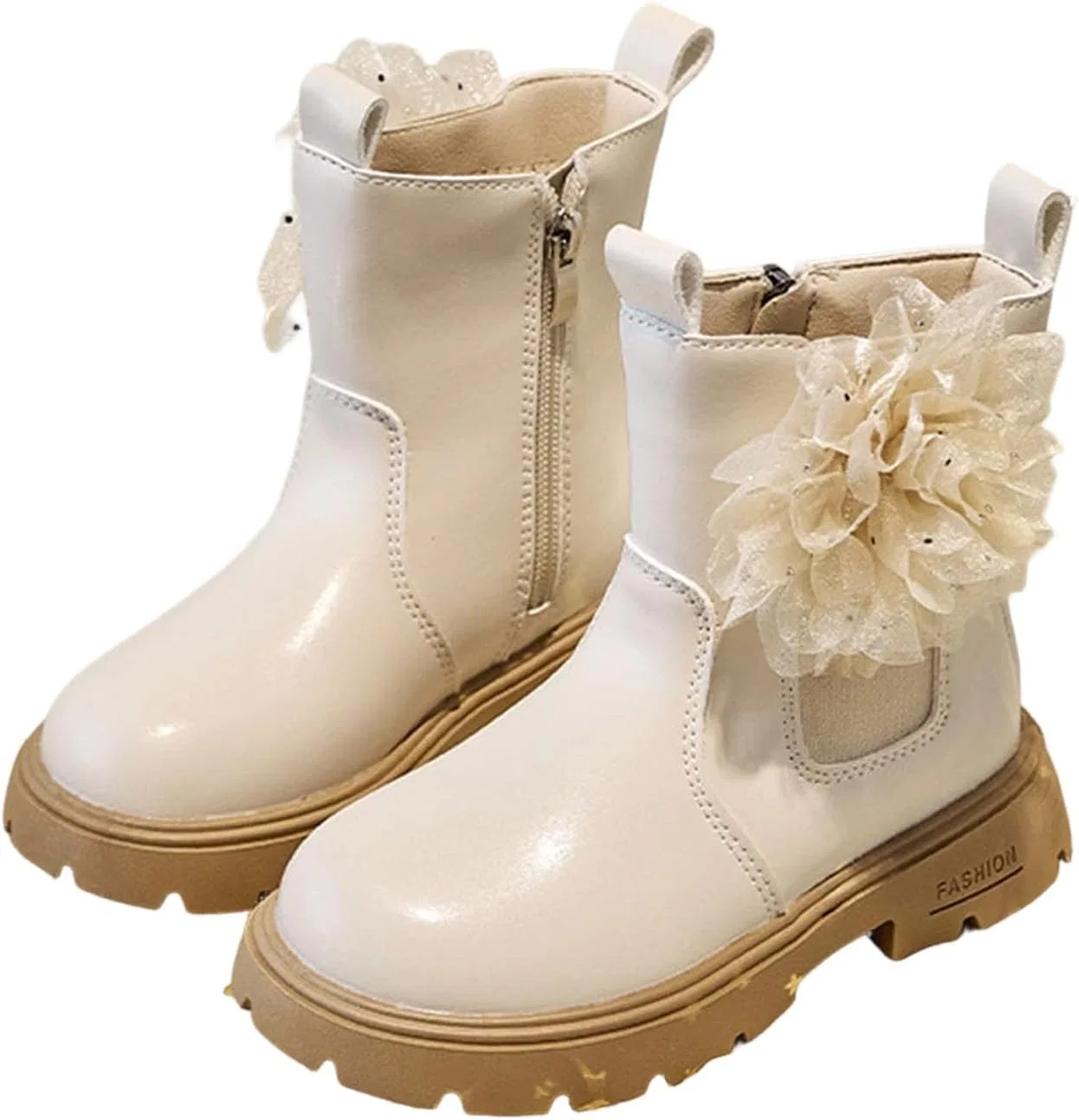 Детские ботинки для девочек с цветочным декором на молнии, Beige