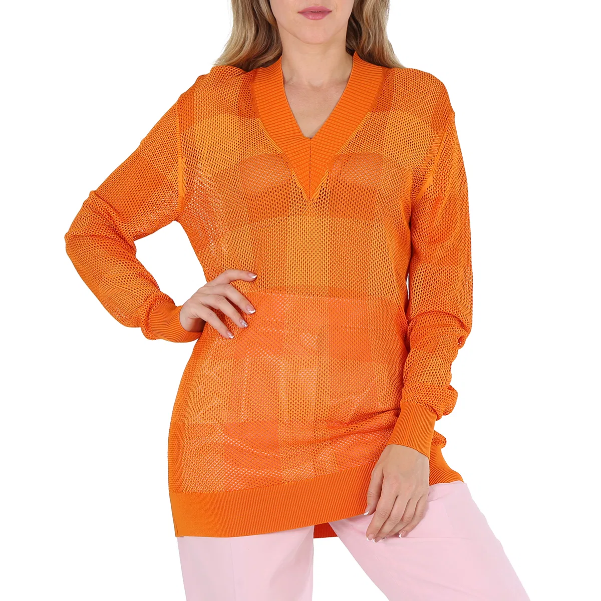 Джемпер с V-образным вырезом и сетчатыми вставками Zoie Check Mesh Lace Burberry, Deep Orange