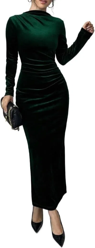 Женское длинное платье-бандо с асимметричным воланом Dark Green