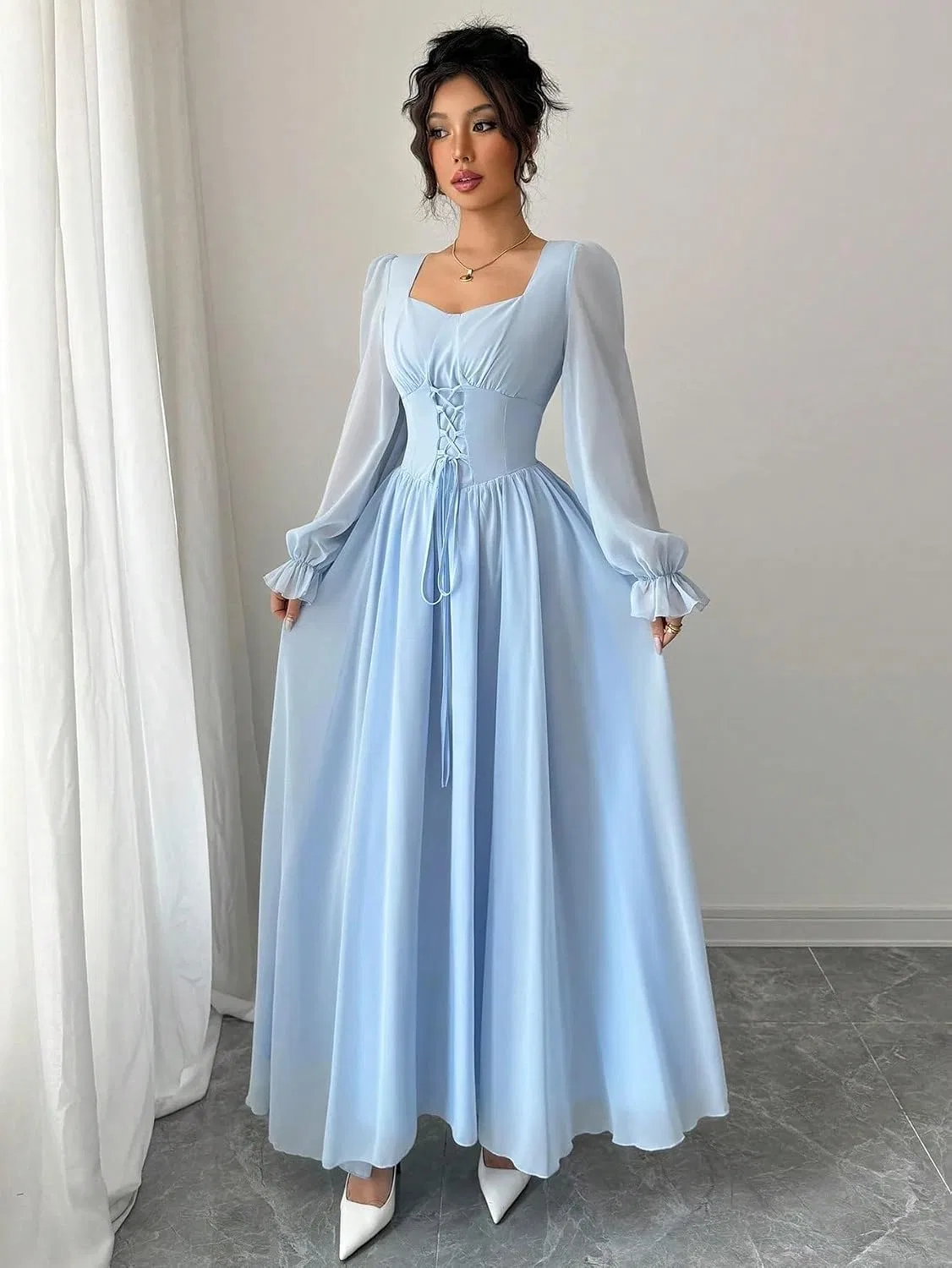 Женское элегантное платье А-силуэта с длинным рукавом, Blue — фото 3