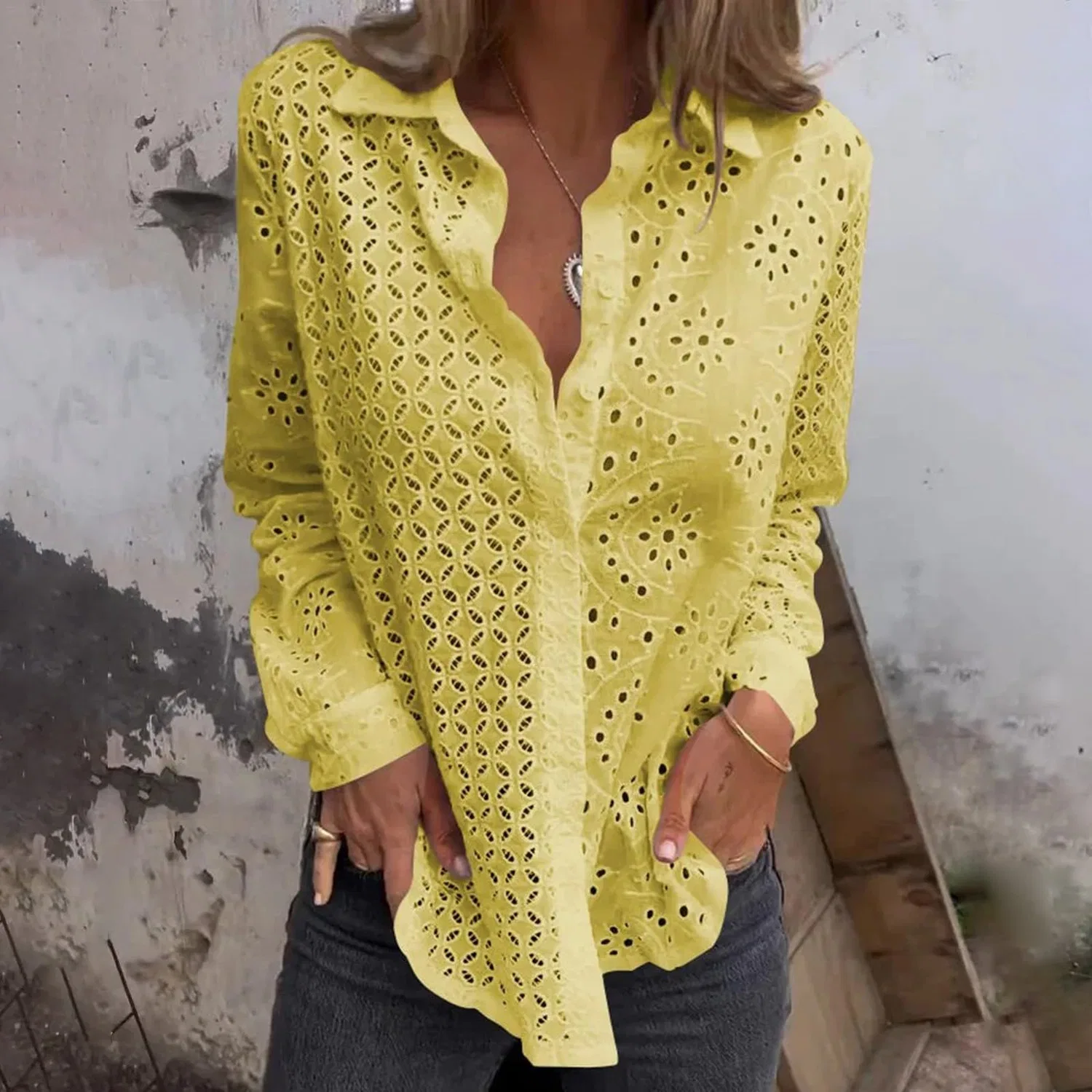 Женская блузка с длинным рукавом с вырезом, Giallo — фото 2