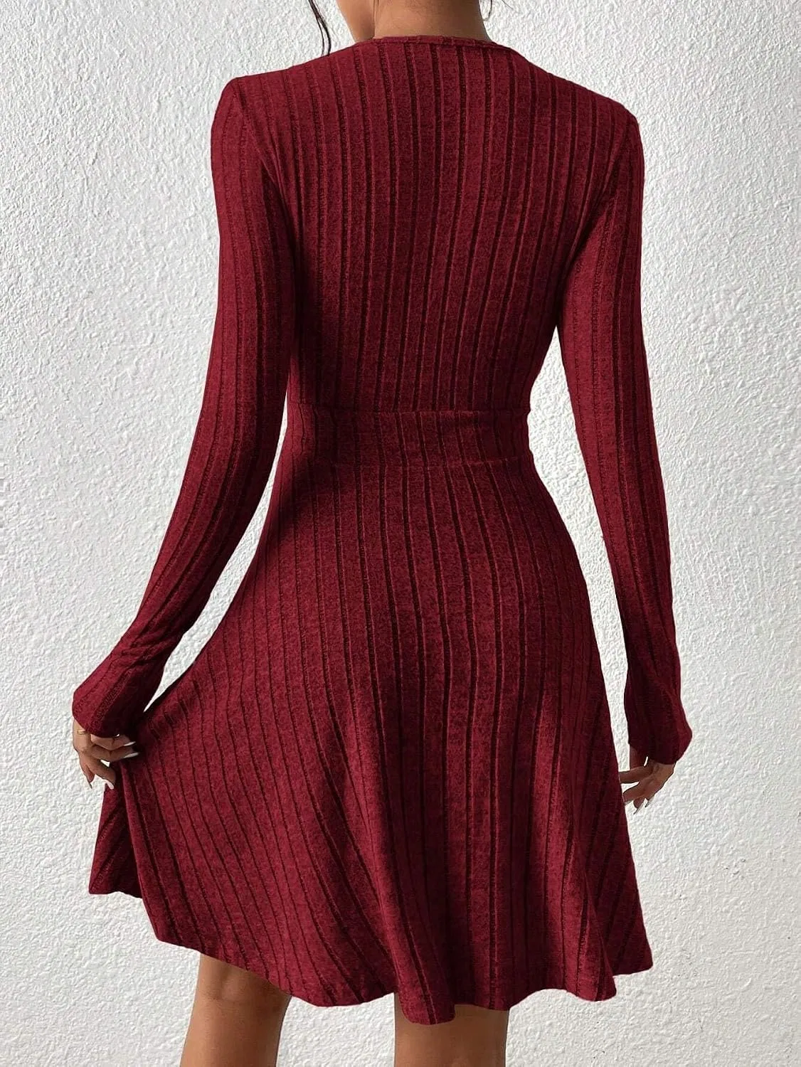 Женское платье А-силуэта с V-образным вырезом, Rib-Knit, Burgundy — фото 2