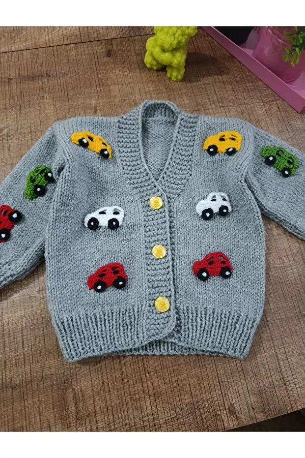 Детский кардиган с V-образным вырезом Hand knitted kids cardigan El Örgüsü Cici Bebe, Gray