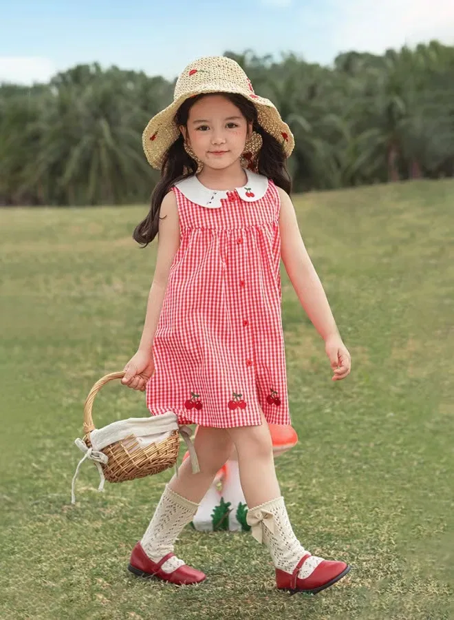 Платье без рукавов с вышивкой Girls Gingham Yoehyaul, красный — фото 2