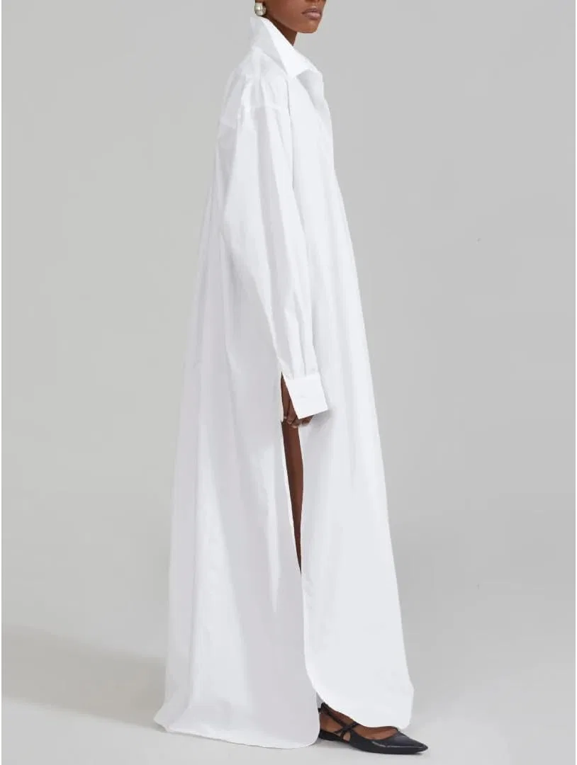 Женское свободное платье-рубашка с разрезом, White — фото 3