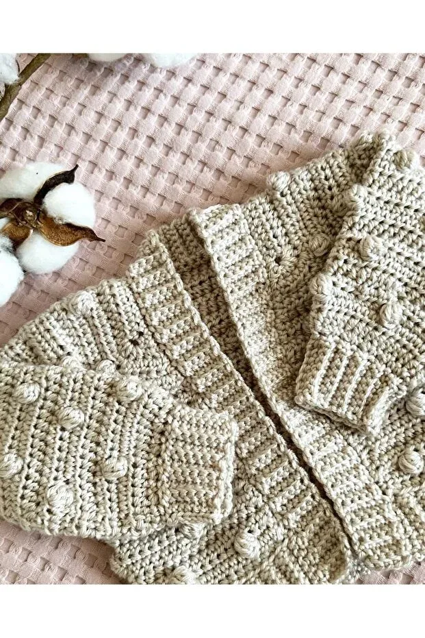 Детский кардиган для девочек с узором попкорн El Örgüsü, Beige