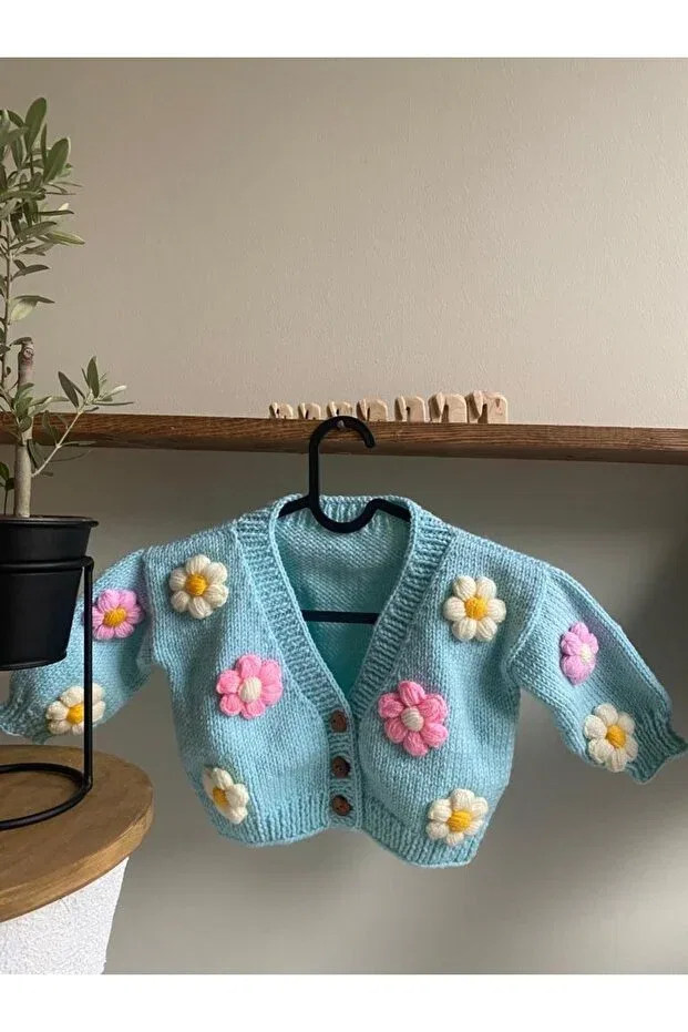 Детский кардиган с принтом Daisy Patterned Crop Hand Knitted Cardigan Tiftikbutik, Glass Core — фото 2