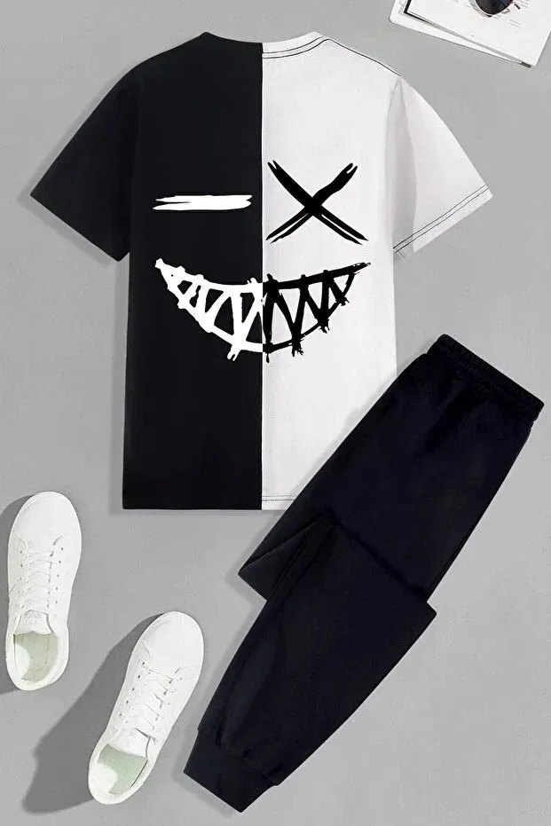 Детский комплект для девочек с принтом Cartoon Face Printed Bottom Top Tracksuit Set Trendypassion, Black