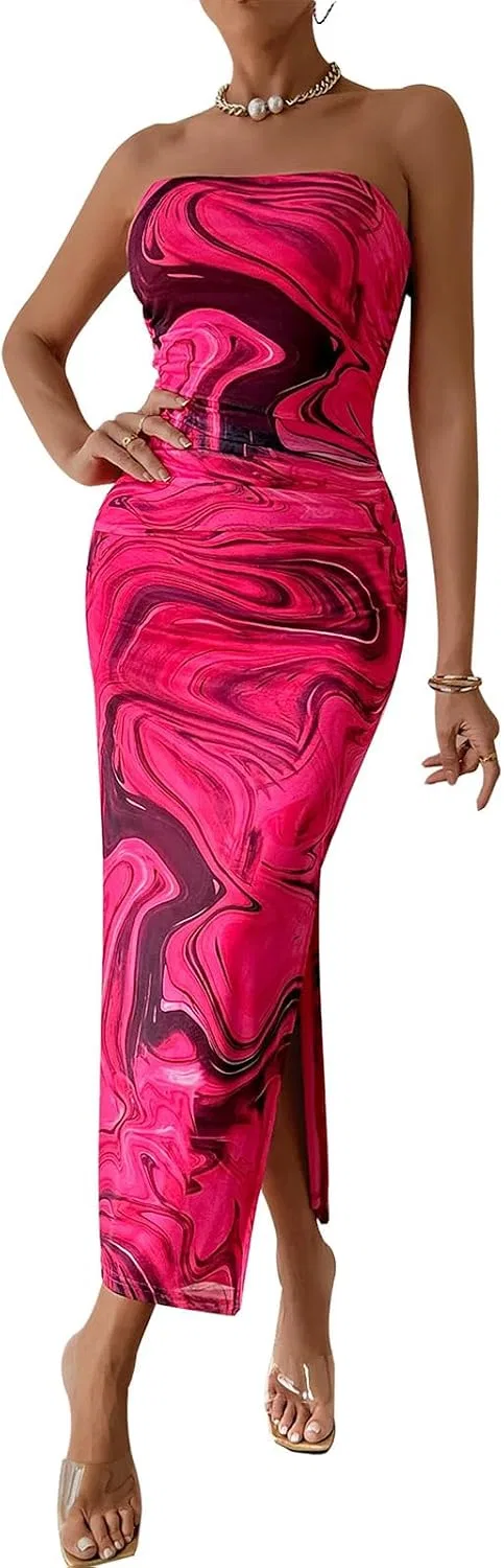 Женское платье-труба макси bodycon с разрезом, Hot Pink