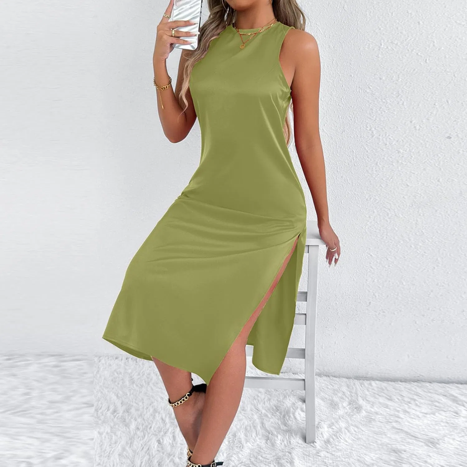 Женское сатиновое платье миди Bodycon с разрезом, Green — фото 3