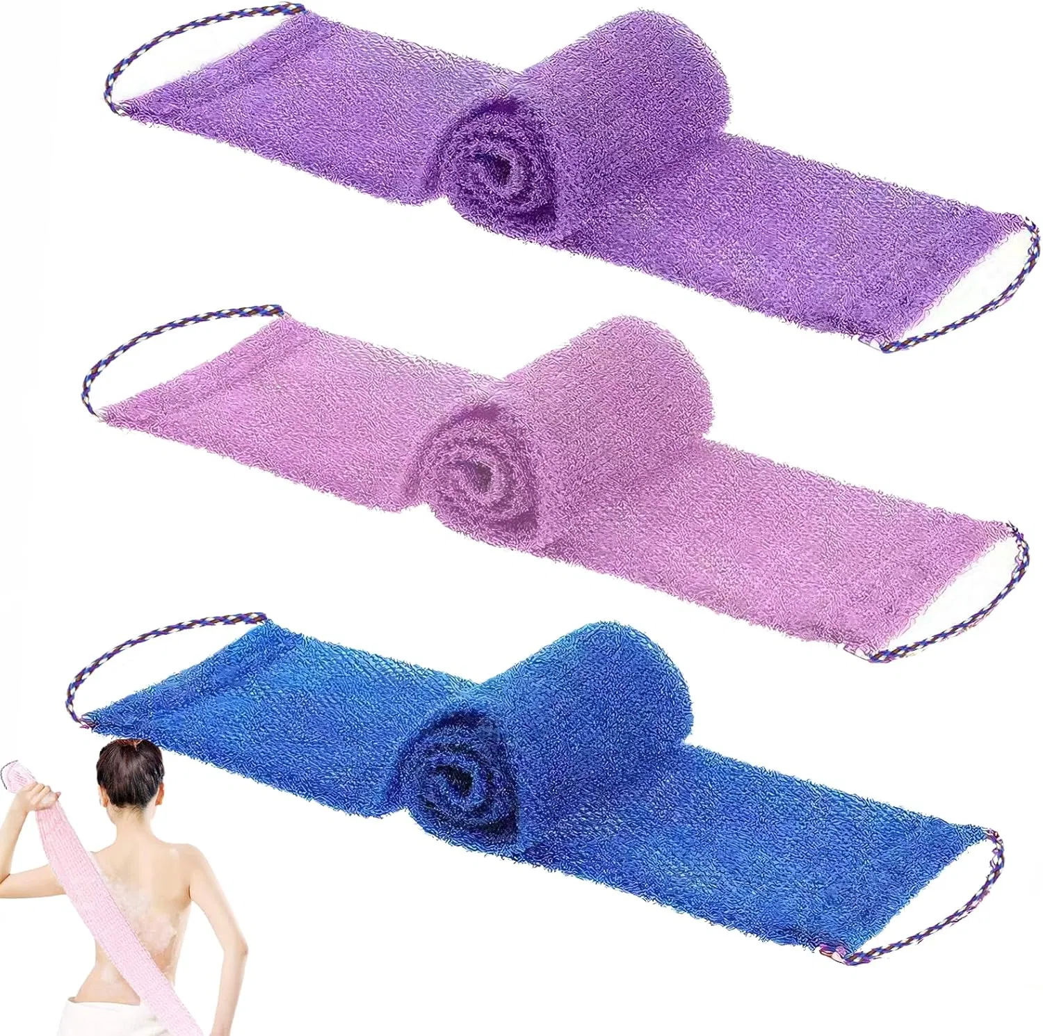 Набор мочалок банных African Mesh Sponge, 3 шт, 14x74 см, Haveneit, розовый, синий, фиолетовый