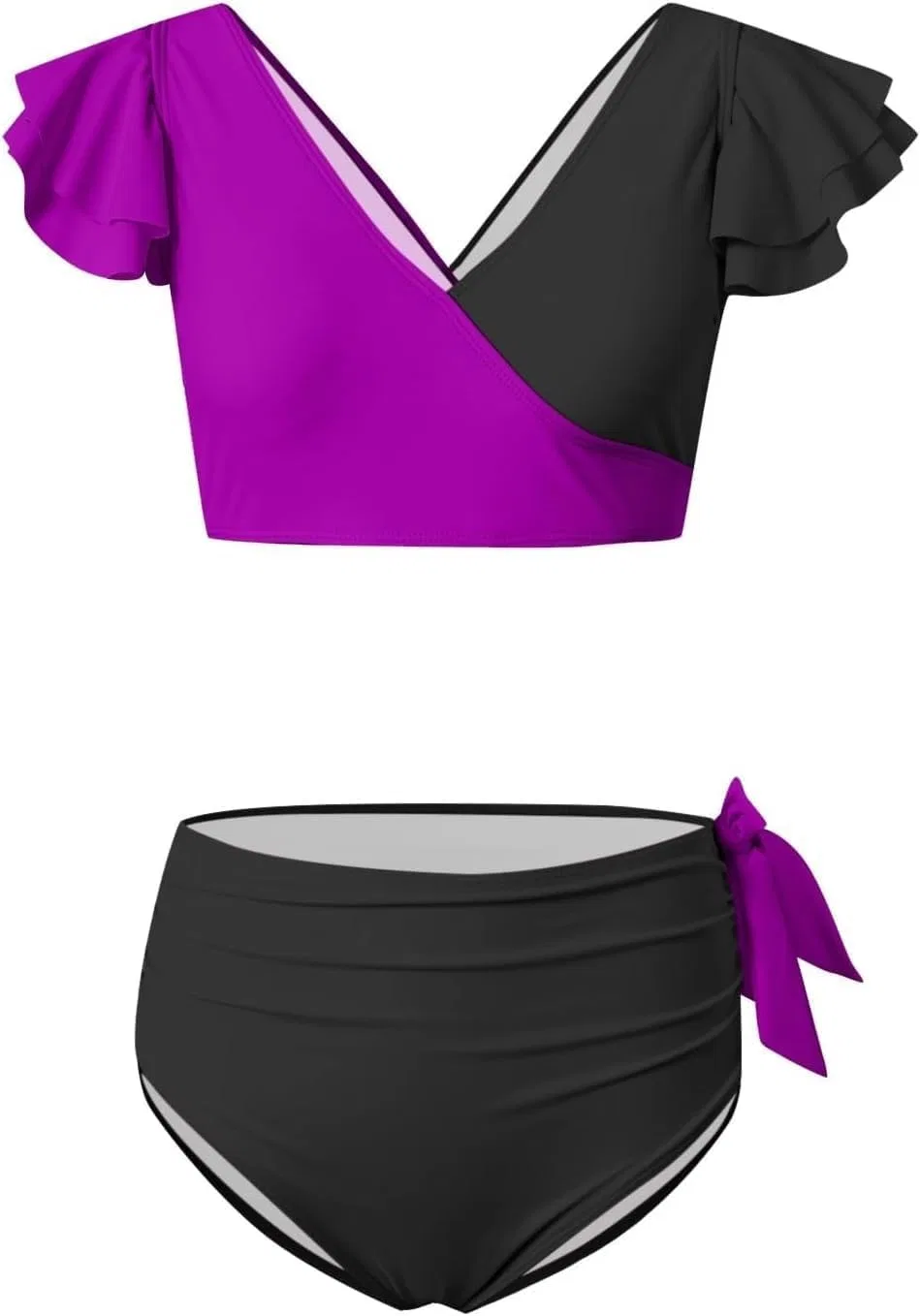 Женский бикини-сет с рюшами, высокая талия, Black/Green/PURPLE/Blue/Pink — фото 4