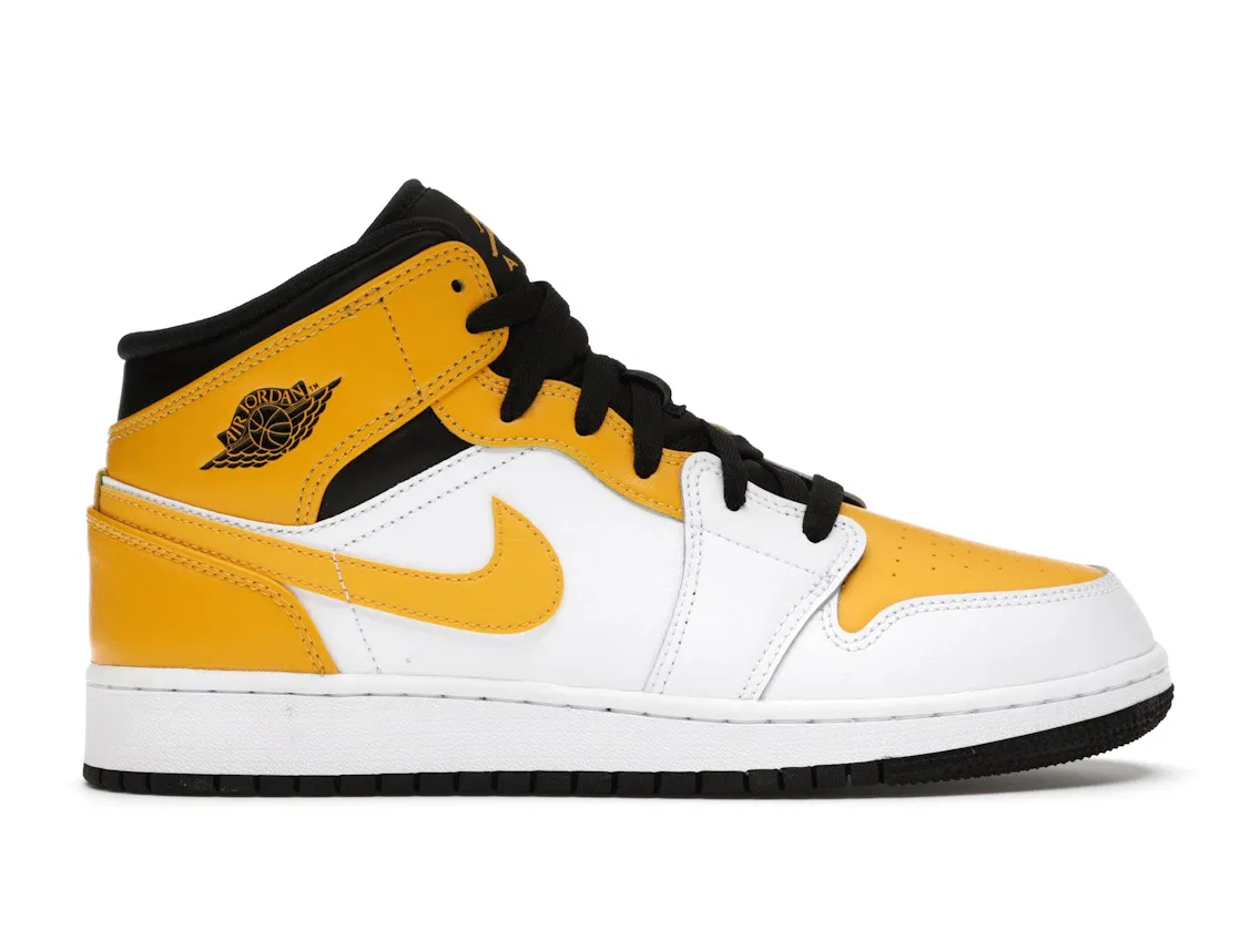 Детские кроссовки с длинным шнурком Jordan 1 Mid Jordan, White/University Gold-Black