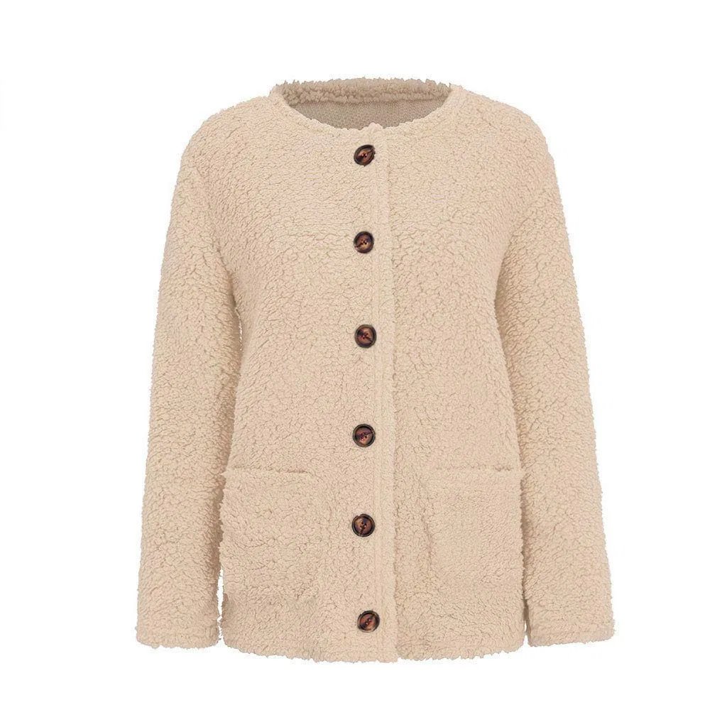 Женский кардиган с карманами и пуговицами, модель Sweater Outerwear Buttons Thermal Sweatshirts Coat, Cachi — фото 4