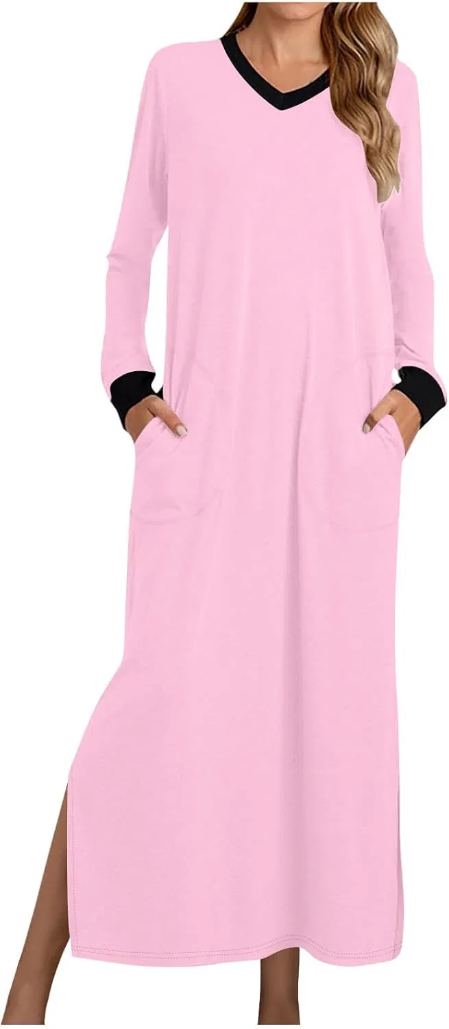 Женская ночная рубашка с длинным рукавом, P-080 Pink