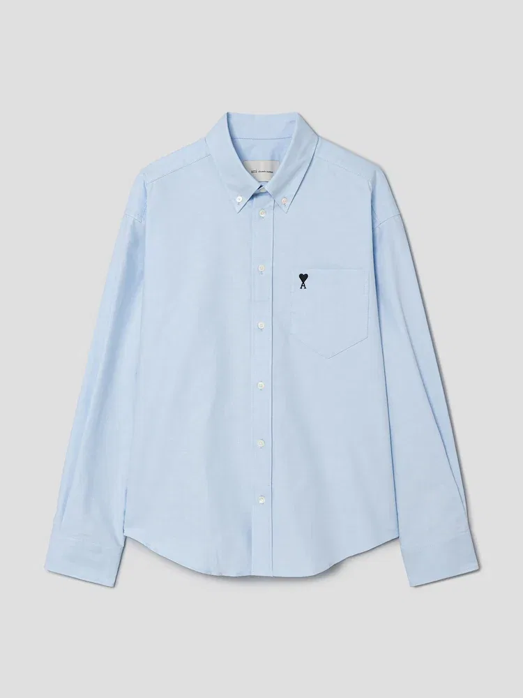 Рубашка с вышивкой Boxy Long Sleeves AMI PARIS, Bleu Ciel