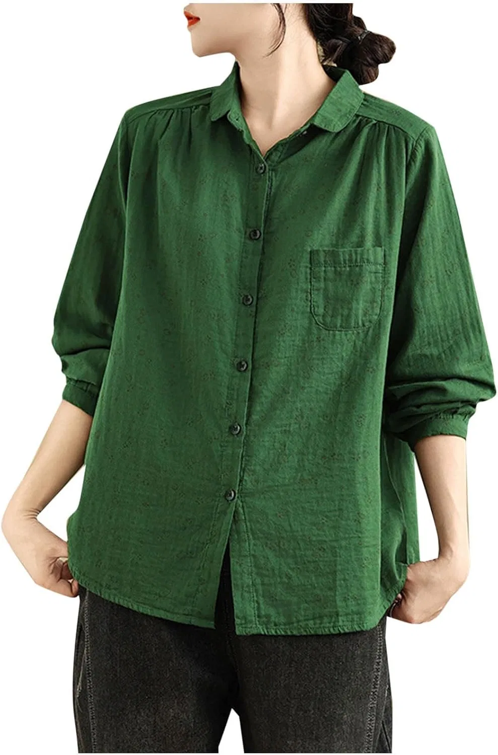 Женская блуза с воротником и нагрудным карманом, Long Sleeve Tunic Top, Green