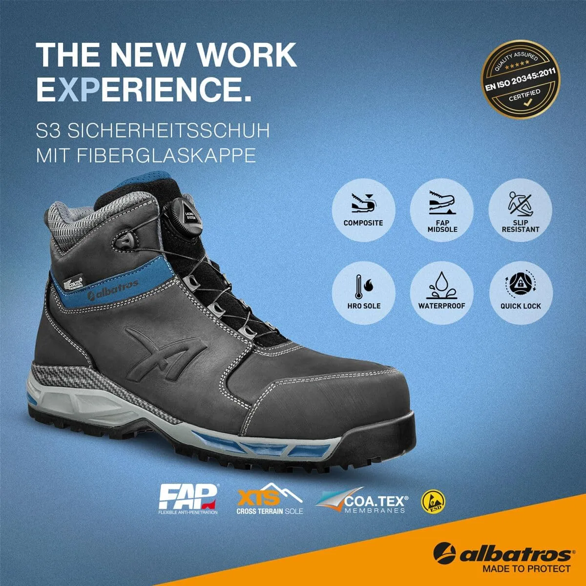 Защитные ботинки Albatros Tofane Black QL CTX MID S3 WR ESD HRO SRC, черный/синий — фото 3