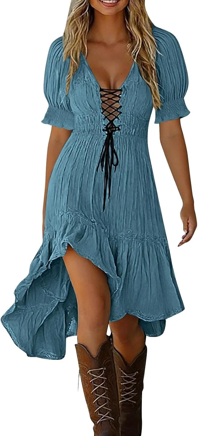 Женское платье мини с V-образным вырезом Boho, 2#navy