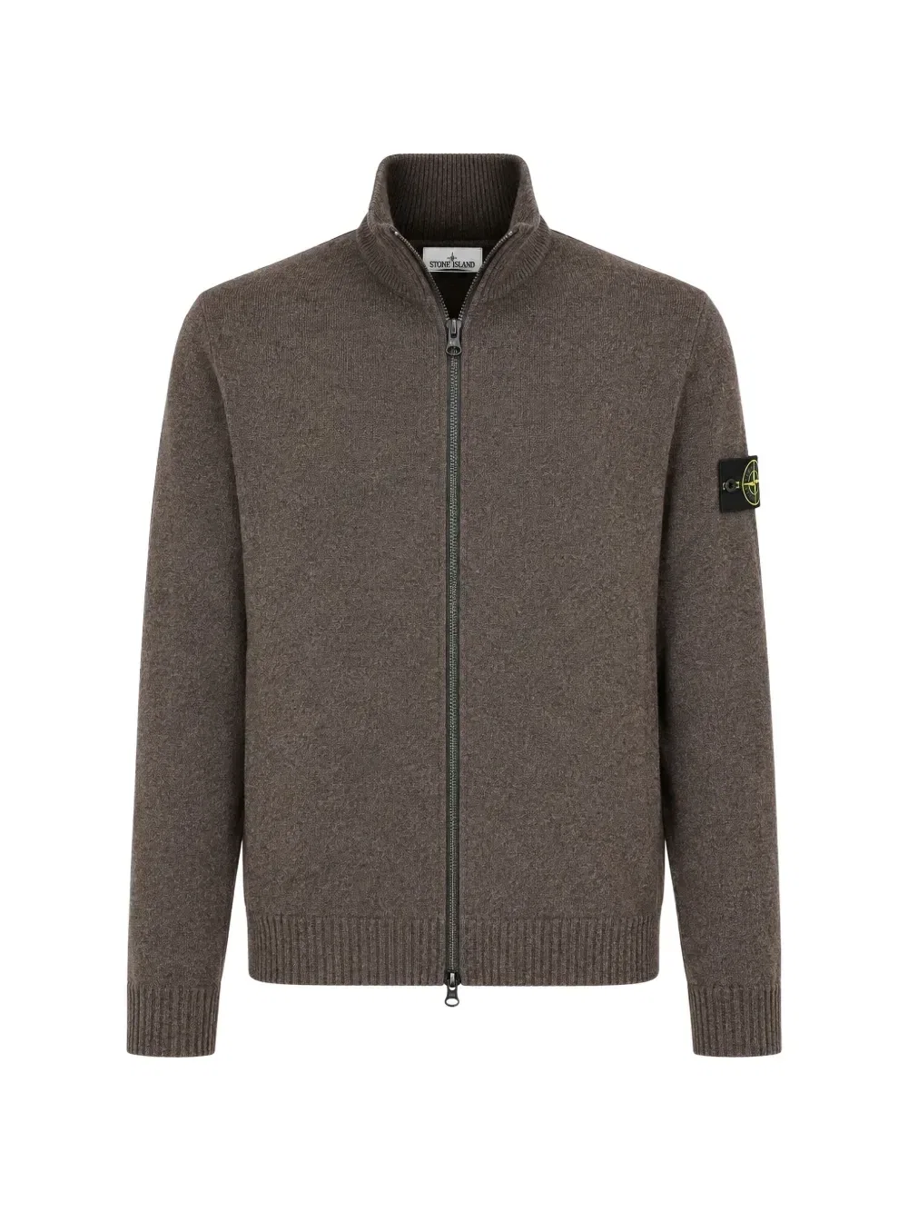 Вязаный шерстяной свитер на молнии с нашивкой-логотипом Stone Island, коричневый
